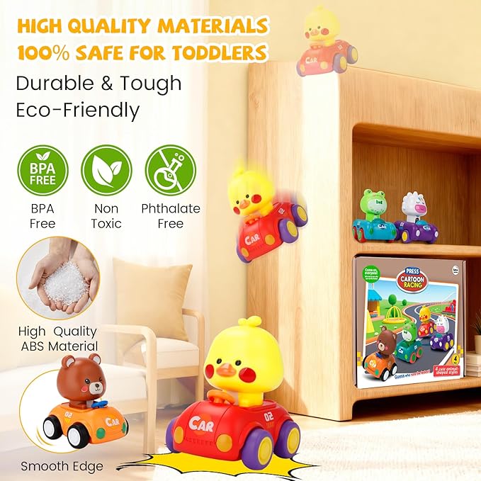 Press and Go Car Toys for Toddlers 1-3, 4 Pack Friction Powered Baby Push Cars, Infant Play Vehicle Set for 6-9-12-18 Months, 1st Birthday Gifts for 1-2 Year Old Boys Girls