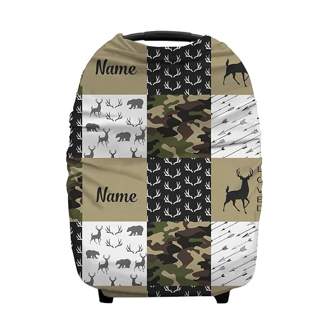 Personalized Woodland Deer Camouflage Baby Car Seat Covers with Name, Custom Nursing Cover Breastfeeding for Babies, Carseat Canopy for Boys and Girls, Infant Stroller Cover, Breathable Carseats Cover