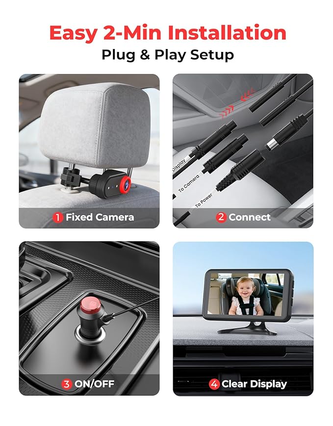 Luckview BM2A Baby Car Camera, Night Vision & 5.2" 1080P Display for Rear-Facing Car Seats, Easy No-Damage Install, Patented Anti-Shake Mount – Ideal for Parents and Pet Owners