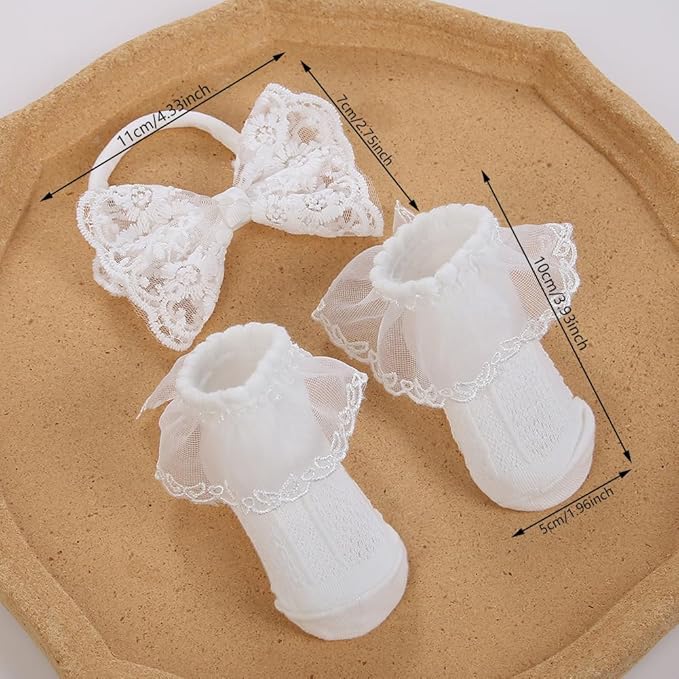 Baby Baptism Headband Lace Bow Headband Christening Headbands with Pearls TSFD30 (Headbad and Sock Set)
