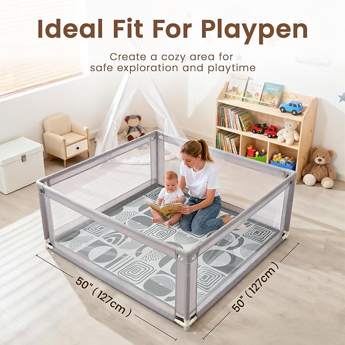 50"×50" Baby Play Mat for Floor & Playpen, 1.2" Thick High-Density Foam Nursery Mat for Tummy Time, Soft Plush Carpet with Non-Slip Bottom for Infant Toddler Baby Crawling & Playing (Grey)