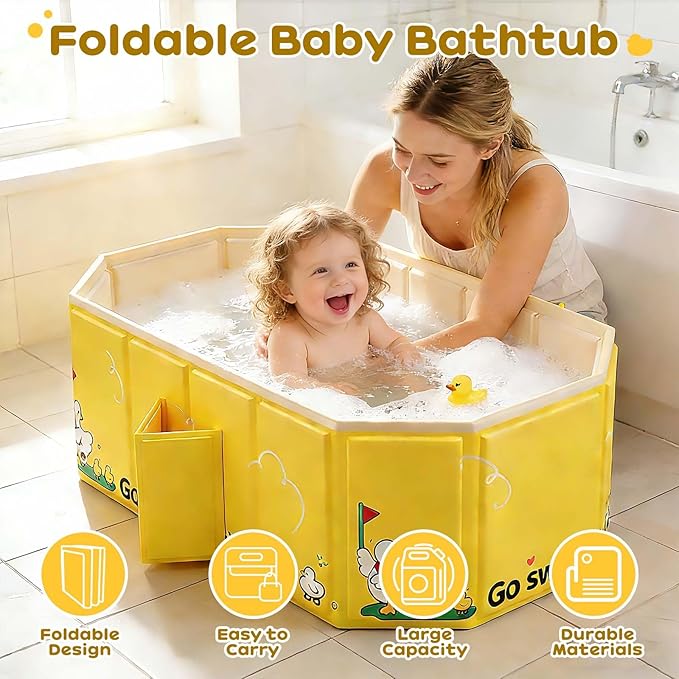 Collapsible Baby Bathtub with 2 Drain, Foldable Portable Baby Tub for Newborn & Toddler, Folding Baby Bath Tub, Small Water Play Pool for Travel & Home, 12M-5Y