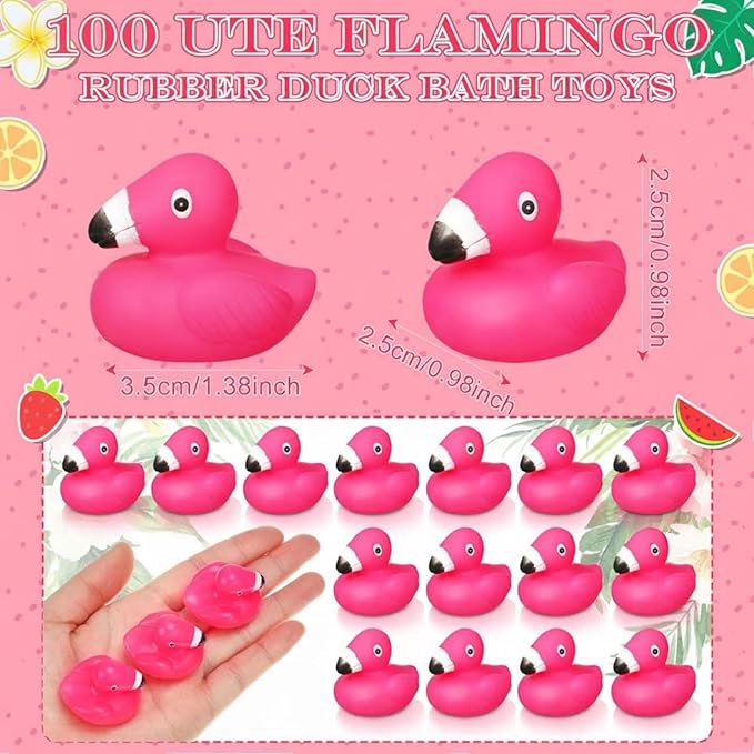 100 Pcs Mini Flamingo Rubber Duck Bulk Cute Pink Flamingos Bath Toys Floating Squeaky Toy Rubber Duckies for Baby Shower Cake Decoration Classroom Prizes Holiday (1.4 Inch)