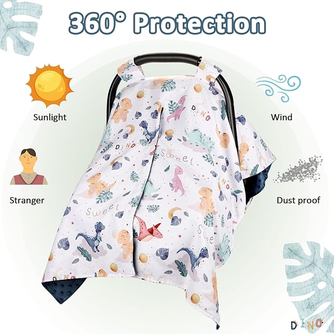 Baby Car Seat Cover for Boy, Minky Warm Winter Car Seat Covers for Babies, Peekaboo Opening Infant Car Seat Cover, Nursing Cover Carseat Canopy, Cute Dinosaur