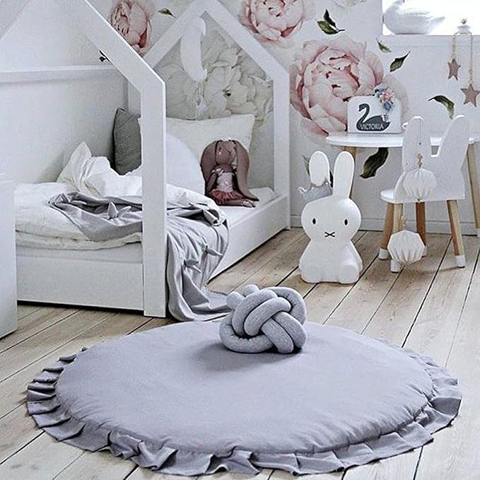 ABREEZE Baby Cotton Play Mat Soft Crawling Mat Detachable Washable Game Blanket Floor Playmats Kids Infant Child Activity Round Rug Home Room Decor,Light Grey