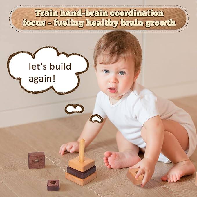 Adena Montessori Ring Natural Wood-Colored Wooden Stacking Toy,Montessori Geometric Stacker Wooden Educational Toy,Baby and Toddler Ages 12+ Months Shape Sorter and Stacking Tower for Babies(Square)
