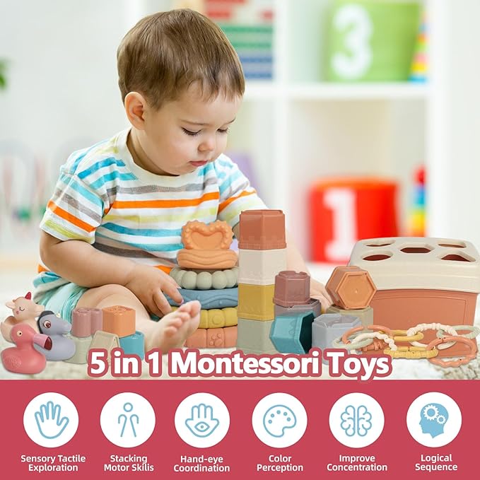 BYFWH Shape Sorter for Toddler 1-3, 5 in 1 Montessori Baby Toys for Infants 6-48 Months, Sorting & Stacking Toy for Fine Motor Skills, Sensory Learning Set with Rings Link, Birthday Gift