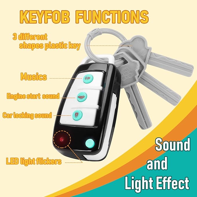 Remote Car Key Toy with Light and Sounds, Car Key Playset, Pretend Play Keys with Cards for Boys and Girls, Travel Toys for Toddlers, Babies