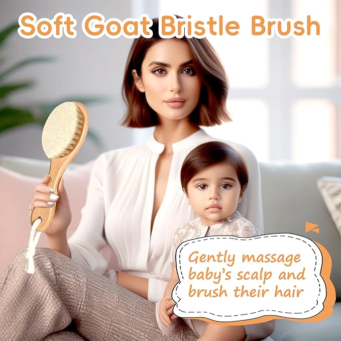 Baby Hair Brush, 2PCS Wooden Goat Bristles Hair Brush with Silicone Hair Scrubber Cradle Cap Brush for Newborn, Toddler, Boys, Girls Perfect Scalp Grooming Product (White)
