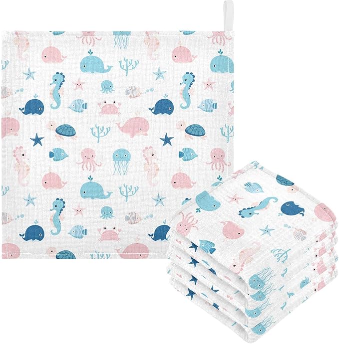 vvfelixl Baby Muslin Washcloths, Cute Sea Life Burp Cloths, Cotton Face Towel for Newborn Infants Boys Girls Soft and Absorbent 11.8 X 11.8 in, 3 Pack
