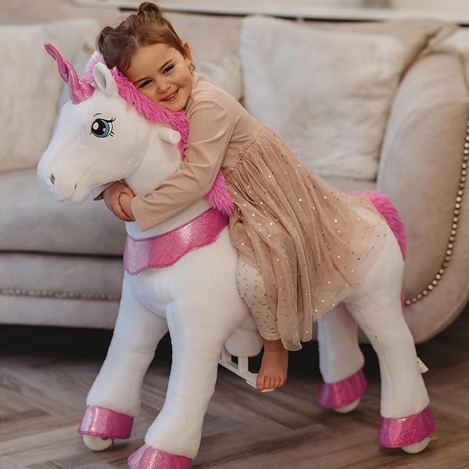PonyCycle Unicorn Ride on Toys for Girls Horse Spirit Toys, Essential Model E Size 4 for Kids Age 4-8/35.4" Height, Birthday Gifts Plush Walking Animal Giddy up Riding Toys Ride on Pony Pink E412