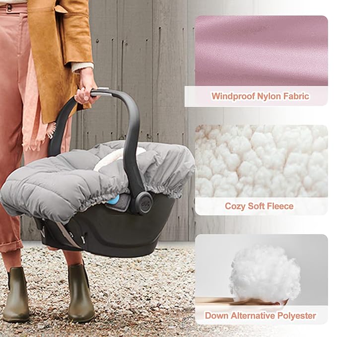 Winter Baby Car Seat Cover, Infant Carrier Cover Cold Weather, Windproof Newborn Warm Carseat for Unisex Babies（Pink）