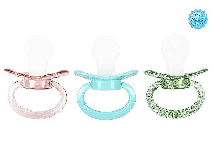 J&Or The Classic Original Adult Sized Pacifier Dummy - Three Color Pack - Transparent Pink | Turquoise | Glitter Green