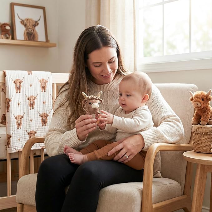 Wooden Baby Rattle for Boys and Girls, Crochet Stuffed Animal for Newborn, 3 4 5 6 Month Toys, Highland Cow