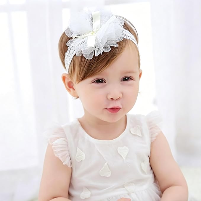 Baby Girls Hairband White Bow Lace Headbands Handmade Soft Stretchy Wide Head Band Newborn Hairbands with Bows Pearls Elastic Headband for Infant Hair Accessories（Ribbon Big Flower）