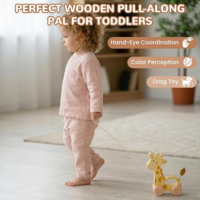 Baby Toys Car,Wooden Pull Along Toddler Toy, Developmental Toy for 1 Year Old Girl Boy Birthday Gift (Small Giraffe)