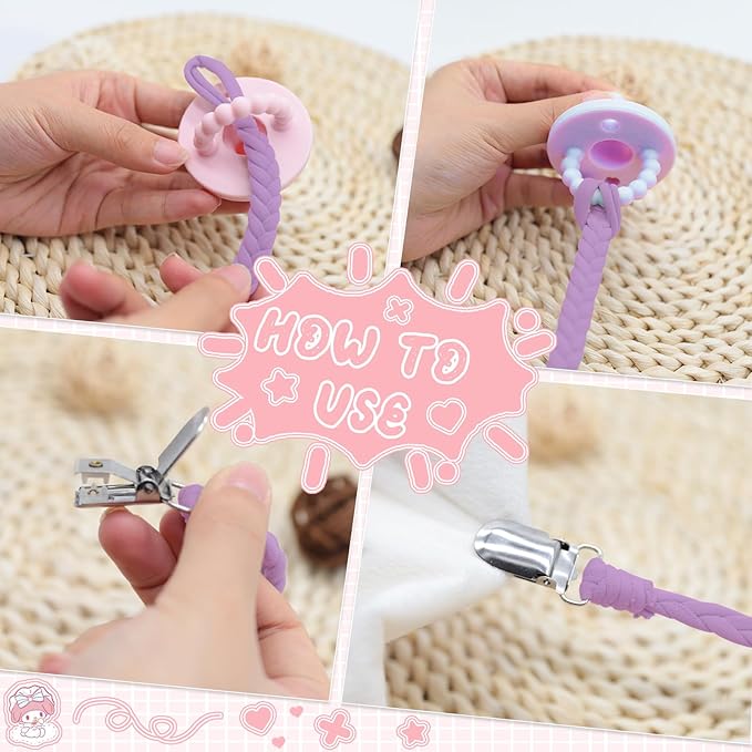 7 Pcs Pacifier Clip, Pacifier Clips for Boys & Baby Girls Pacifier Holder Clip Binky Clips Braided 100% Handmade Fits All Pacifiers(Pink, 7 Pack)