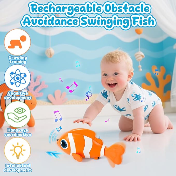 Crawling Fish Baby Toys, Novelty Tummy Time Toys for Babies 6-12 Months, Magic Swinging Fish Crawling Toys for Infant Toddler Learning Crawl Walking Dancing Easter Basket Stuffers 1st Birthday Gift