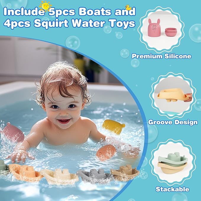 Baby Bath Toys Stackable Boats with Soft Silicone Squirt Water Animal Toys, 9 Pcs Floating Stacking Boat Bathtub Shower Pool Beach Toys for Toddler Kids 1-3
