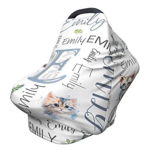 Personalized Car Seat Covers with Name, Cat Baby Canopy Carrier Cover, Breathable Breastfeeding Nursing Cover, Stretchy Multi-Use Infant Carseat Stroller Cover