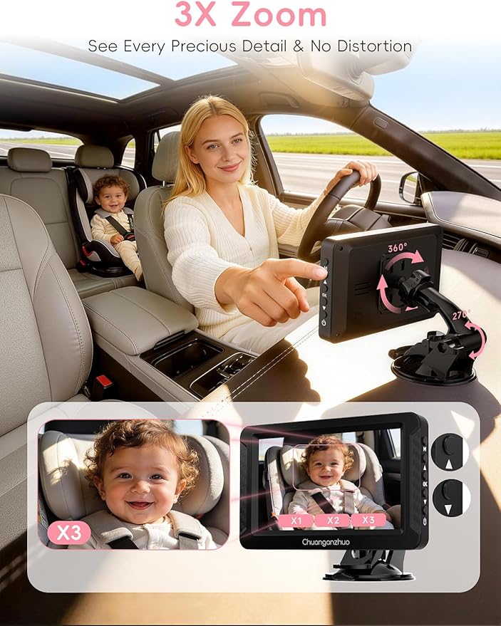 S100C Car Baby Camera USB Powered, Crystal Clear Auto IR Night Vision in Total Dark, Adjust Brightness & 1080P 5" IPS Monitor, 3X Zoom & 360 Rotating Backseat/Carseat Camera for Car Baby Monitor