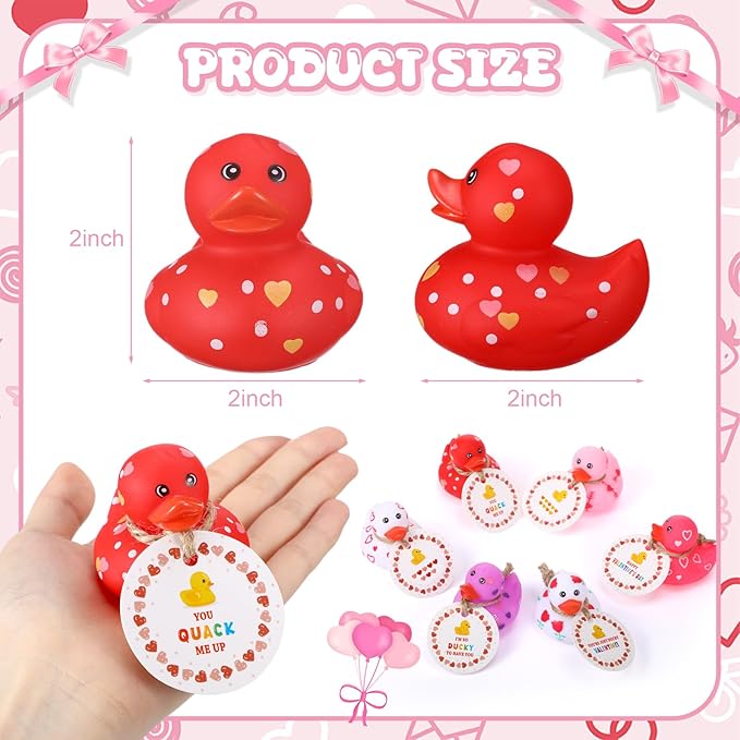 Jerify 24 Pcs 2 Inch Valentines Ducks for Kids Classroom Exchange Gifts Valentine's Day Rubber Ducks with Gifts Cards Mini Heart Rubber Duckies Valentines Party Favors Toys, 6 Styles (Colorful)