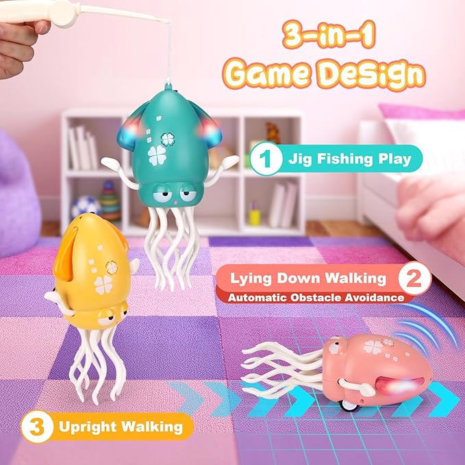 Vodolo Magic Electric Dancing Octopus Toy with Led Light and Music,Automatic Evasion Crawling Dancing Octopus Musical Toys with Fishing Rod,Dancing Squid Toy Baby Must Haves Tummy Time Baby Toys,Pink