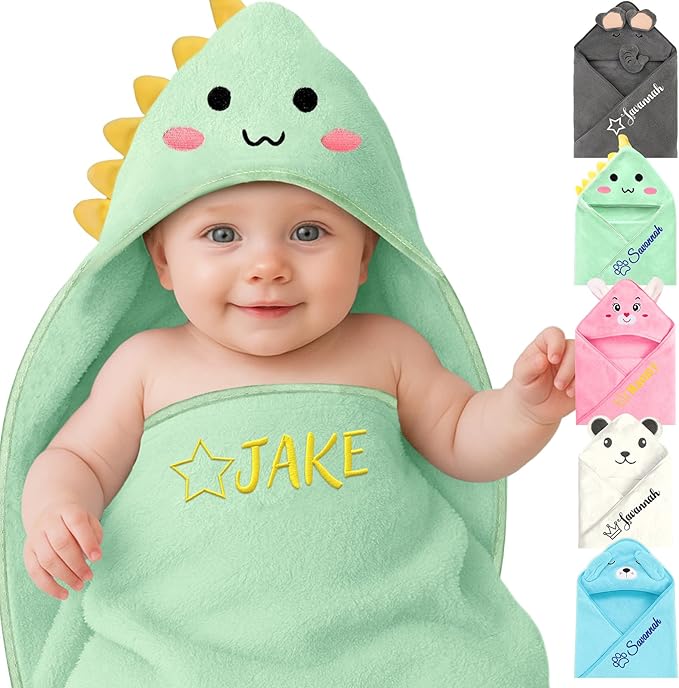 Personalized Baby Towels Hooded with Name, Custom Toddler Coral Velvet Fleece Bath Towel with Hood for Girl Boy, Customized Newborn Gifts - Embroidered (Green Dinosaur)