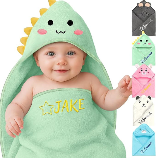 Personalized Baby Towels Hooded with Name, Custom Toddler Coral Velvet Fleece Bath Towel with Hood for Girl Boy, Customized Newborn Gifts - Embroidered (Green Dinosaur)