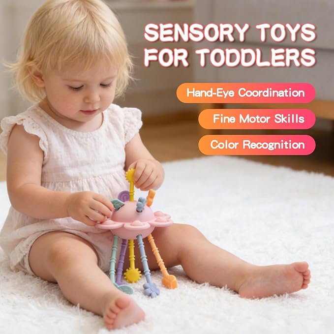 Food Grade Silicone Pull String Baby Toy, Montessori Pull String Sensory Toy for 18 Months Babies Teething Toys (Pink)