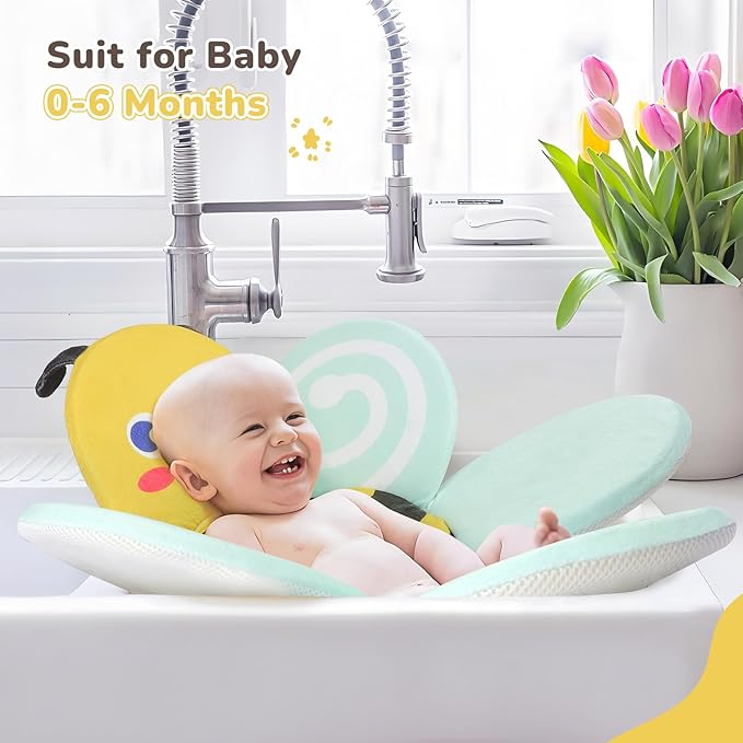 YooxArmor Baby Bath Pad for Infant Bathtub Sink, Non-Slip Flower Bathtub for Infants 0-6 Months, Soft Baby Sink Bath Cushion for Babies Bath Time, Newborns Bath Essentials Must Haves-Bee