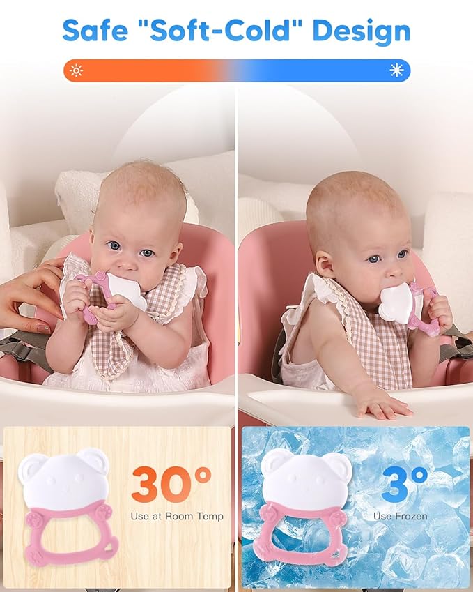 Water-Filled Freezable Baby Teether – Cooling Teething Toy for Babies 6+ Months, Gentle Comfort for Sore Gums, Includes Reusable Freezer Bags – Bear Pink