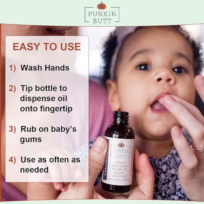Punkin Butt Teething Oil - 2 oz - 100% Natural, for Babies - Proprietary Blend Includes Chamomile, Sunflower, Peppermint, and Clove - Baby Teething Relief with No Added Chemicals (2 Ounce)