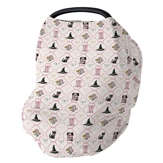 Cute Pink and Black Halloween Baby Car Seat Covers Witch Cat Castle Floral Bows Stretchy 5-in-1 Cover Adjustable Car Canopy Breastfeeding Cover Spooky Halloween Breathable Nursing Cover-Up