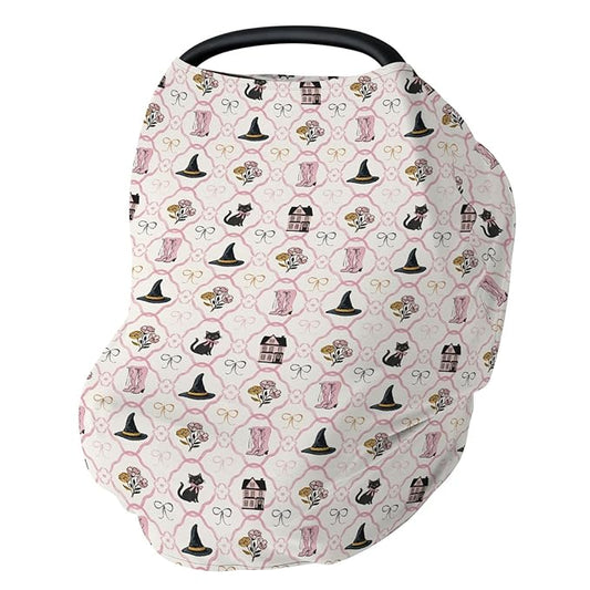 Cute Pink and Black Halloween Baby Car Seat Covers Witch Cat Castle Floral Bows Stretchy 5-in-1 Cover Adjustable Car Canopy Breastfeeding Cover Spooky Halloween Breathable Nursing Cover-Up