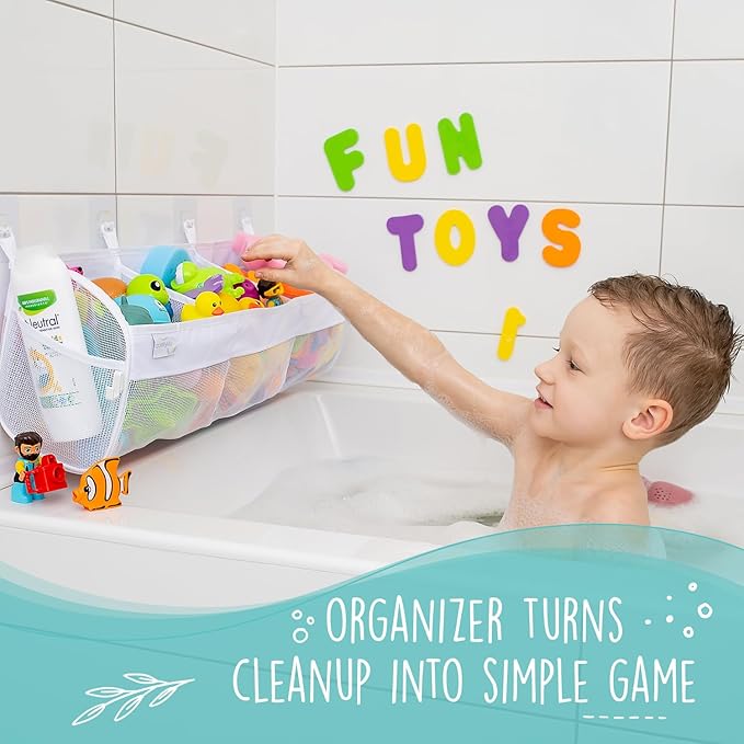 Comfylife Large Bath Toy Organizer with Letters and Numbers – 3 Compartment Bath Toy Holder for Bathtub & Shower – Quick-Dry Mesh with 4 Strong Adhesive Hooks