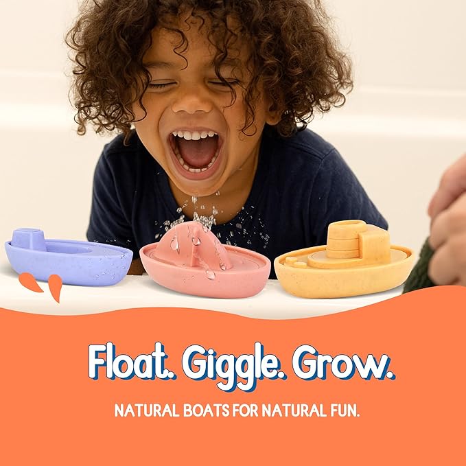 Baby Bath Toys 6-12 Months, No Hole Fully Sealed Wheat Straw Bathtub Boats for Toddlers 1-3, Floating Water Playset for Boys & Girls, for Kids, Sensory Montessori Play Set