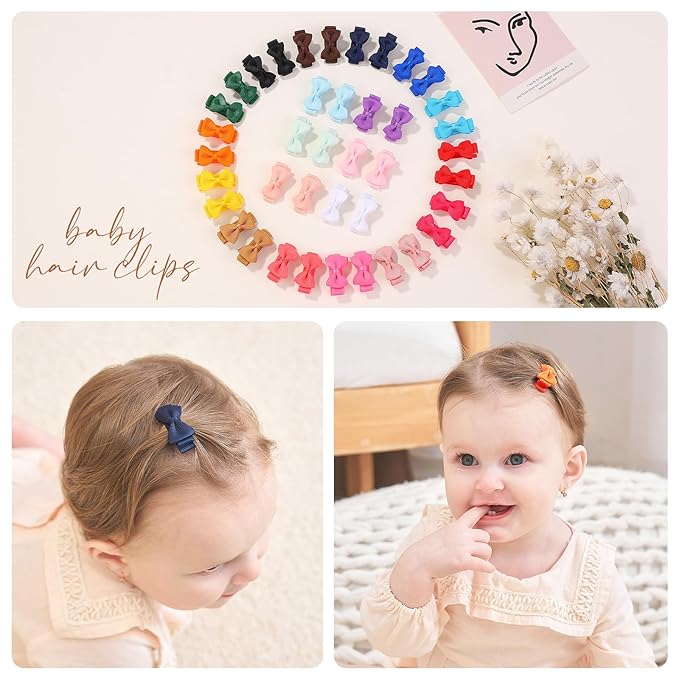 Mini Fully Lined Grosgrain Ribbon Bows Hair Clips for Girls and Infants - 1.2" Tiny Hair Clips in 20 Color Pairs (40PCS)