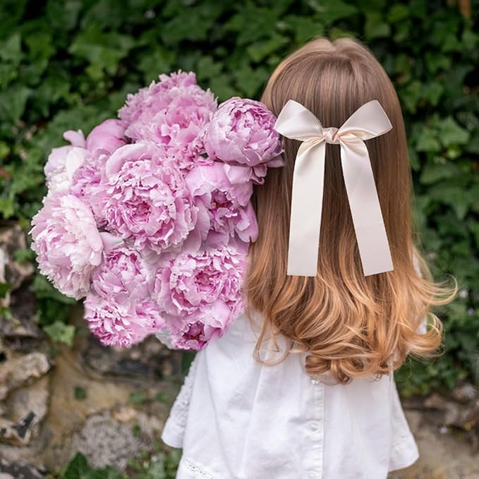 2-Pack Long Satin Ribbon Hair Bows for Girls – Elegant Silk Hair Clips for Toddlers, Infants, Teens & Kids - Ivory
