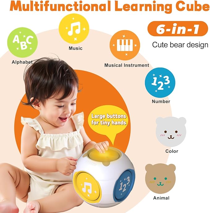 Bilingual Baby Toys Musical Learning Cube Educational Learning Toy for 1 Year Old, Toddler Activity Cube with Music & Lights for 6-9-12-18 Months Babies Infants, First Birthday Gift for Boys Girls
