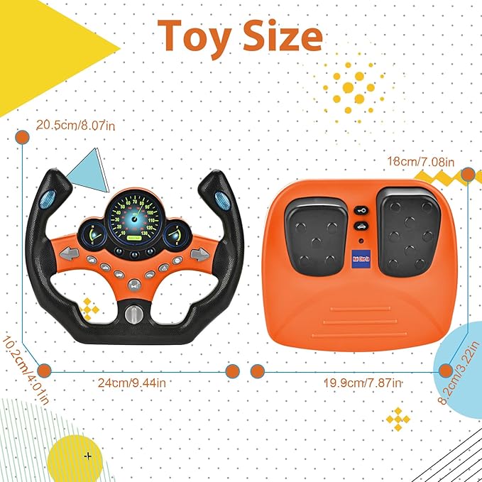 RedCrab Steering Wheels with Brake and Gas Pedals Toy for Kids,Pretend Driving Seat Toys with Light and Music,Simulated Driving for Toddlers,Baby Electric Early Learning Educational Toys (Orange)