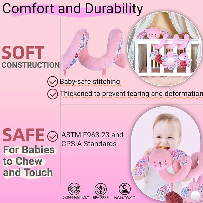 Spiral Car Seat Toy for Babies 0-6-12 Months Girl, Stroller Hanging Baby Toys 0-3-4-5-7-9 Month Old Newborn Infant Rabbit Gift Travel Carseat Mirror Crinkle Plush Bunny Easter Basket Stuffers