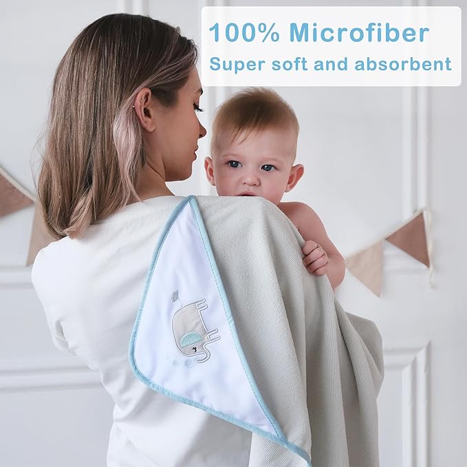 Viviland Baby Towels and Baby Wash Cloths Set Hooded Baby Towels Baby Wipes Absorbent Bath Face Towels Burp Cloths or Face Towels for Girl Boy 6-Pack Size 28 x 28 Inch(Blue Elephant)