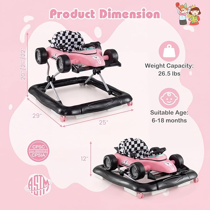 BABY JOY 4-in-1 Baby Walker, Foldable Activity Walker with Push Mode, Adjustable Height, Lights, Anti-Rollover, Baby Walker with Wheels for Boys Girls 6-18 Months (Pink)