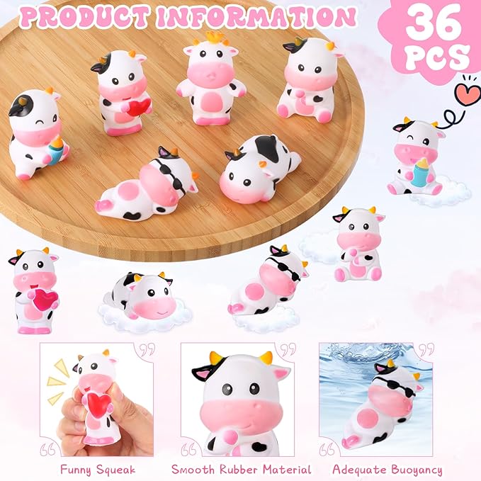 Jenaai 24 Pcs Cute Rubber Cows Bulk Squeak Floating Cow for Kids Bath Toys Rubber Animals Swimming Shower Bathtub Toy Favors for Party Baby Shower Dashboard Decor Carnival Gift