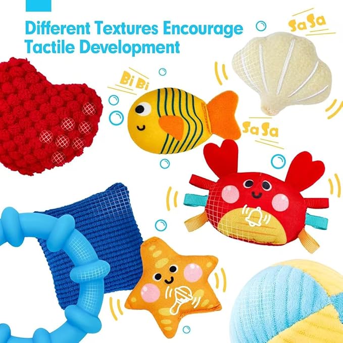 Hanging Toys with Pulling Cords, Squeaky, Rattle, Mirror, Newborn Sensory 0-12 Month Babies Gift Carseat Stroller Hanging Toy for Baby Gym