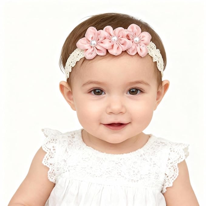 Handmade Baby Girl Headbands in Beige and Pink Lace Flowers for Newborns and Toddlers Cute Baby Girl Flowers and Newborn Headbands (Pink Pearl Flowers, One Size)