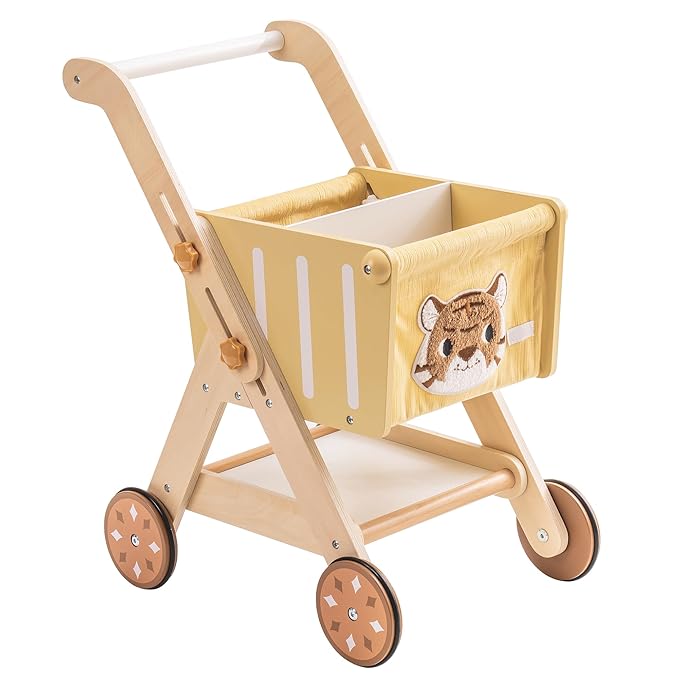 ROBOTIME Baby Walkers for Boys, Wooden Shopping Cart Toy for Toddler Kids, Height-Adjustable Wooden Push Walker, Sit to Stand Walker for Baby Learning to Walk