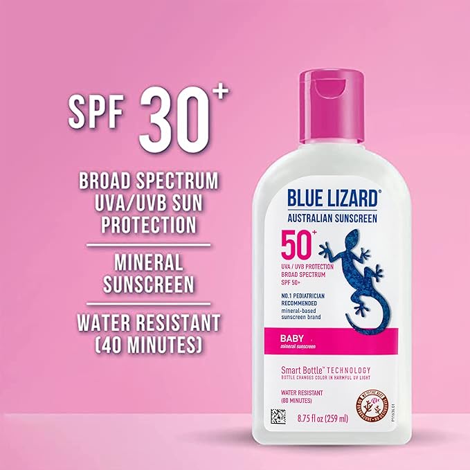 BLUE LIZARD Baby Mineral Sunscreen with Zinc Oxide, SPF 50+, Water Resistant, UVA/UVB Protection with Smart Bottle Technology - Fragrance Free, 8.75 oz