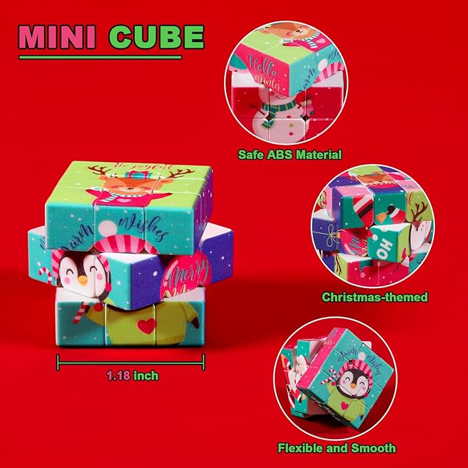 24 Pcs Premium Mini Cubes, Christmas 1.18" 3x3x3 Puzzle Cube Set with Fine-Textured Surface Finish, Stocking Stuffers, Birthday Party Favors, Classroom Prizes, Stress Relief Fidget Toys